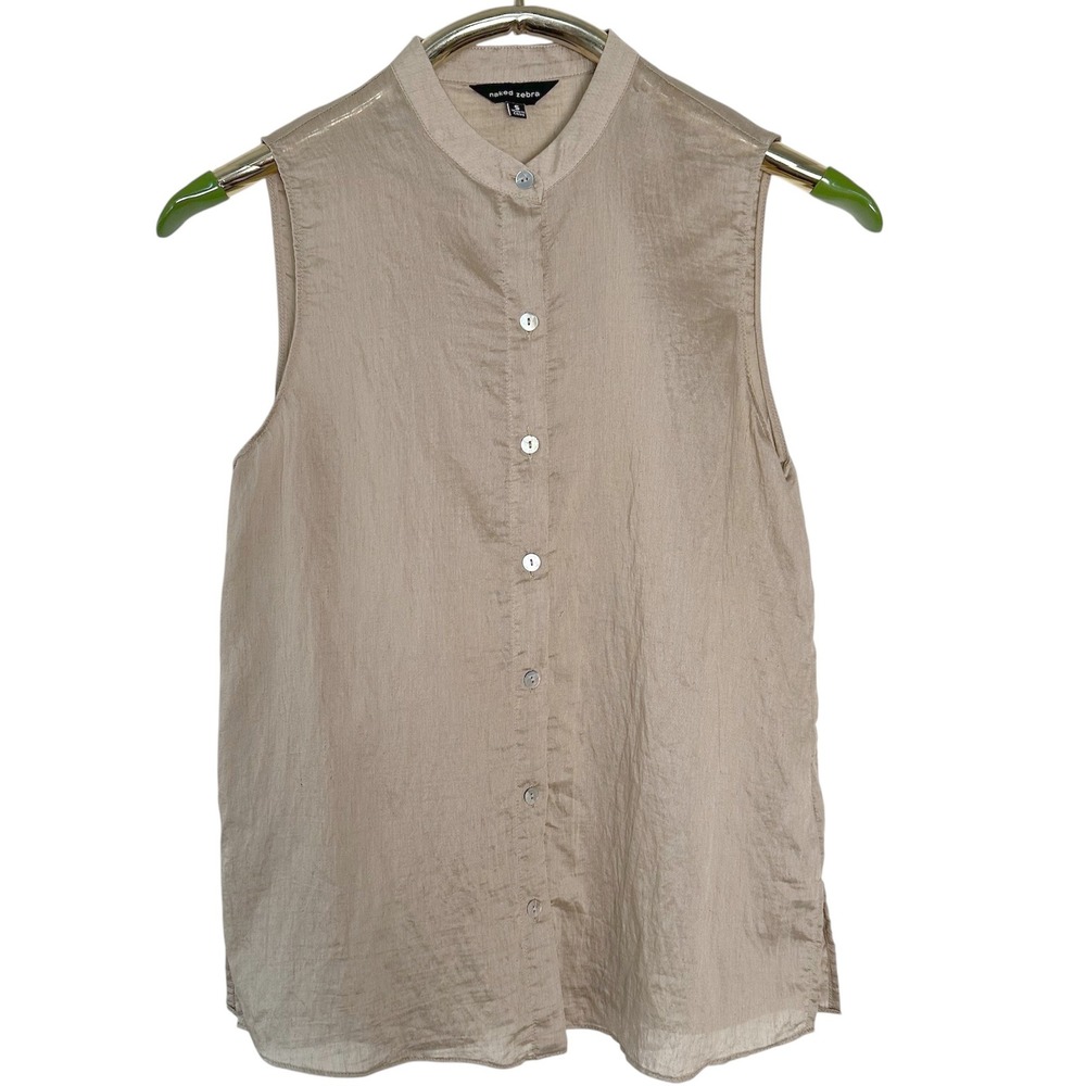 Naked Zebra Sleeveless Button Down‎ Women Small Beige Mandarin Collar Chic